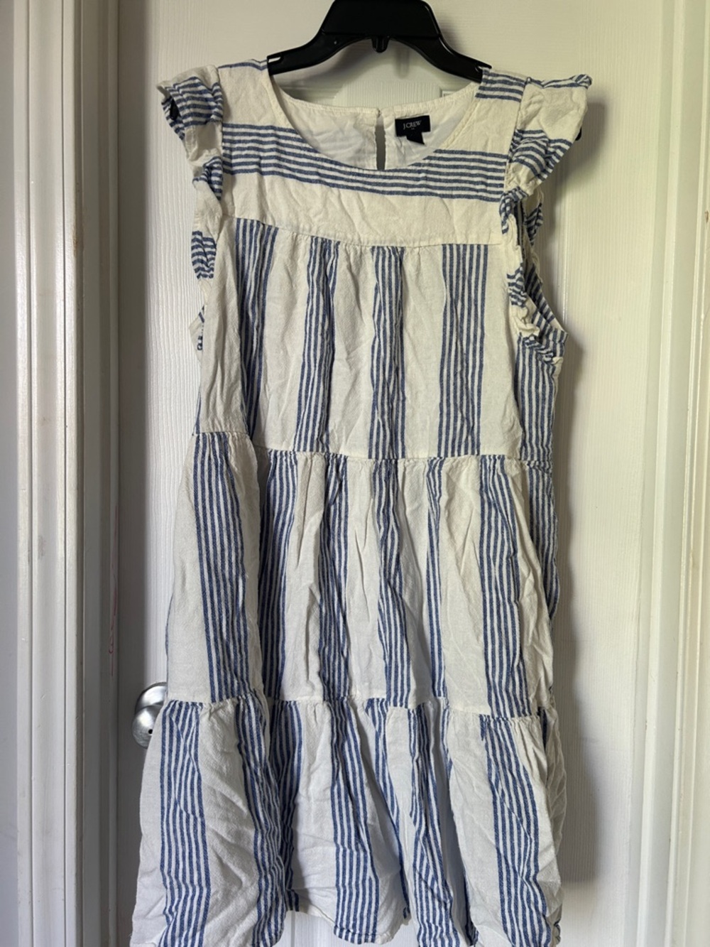 J. Crew White and Blue Striped Sleeveless Tiered Dress